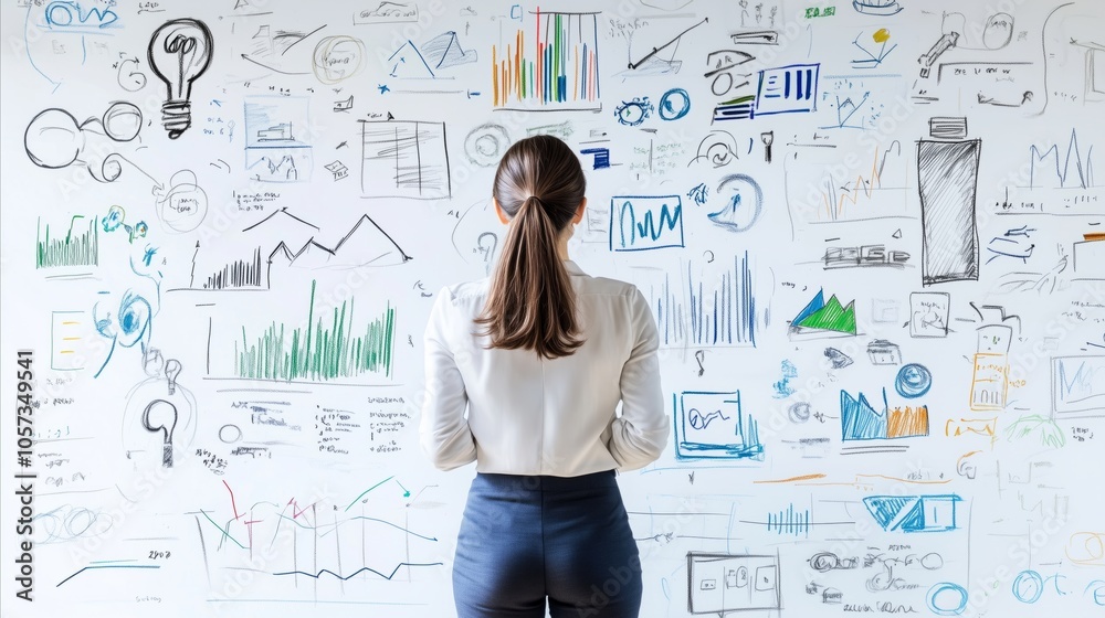Woman stands in front of a white board with many graphs and drawings on it Woman stands in front of a white board with many graphs and drawings on it