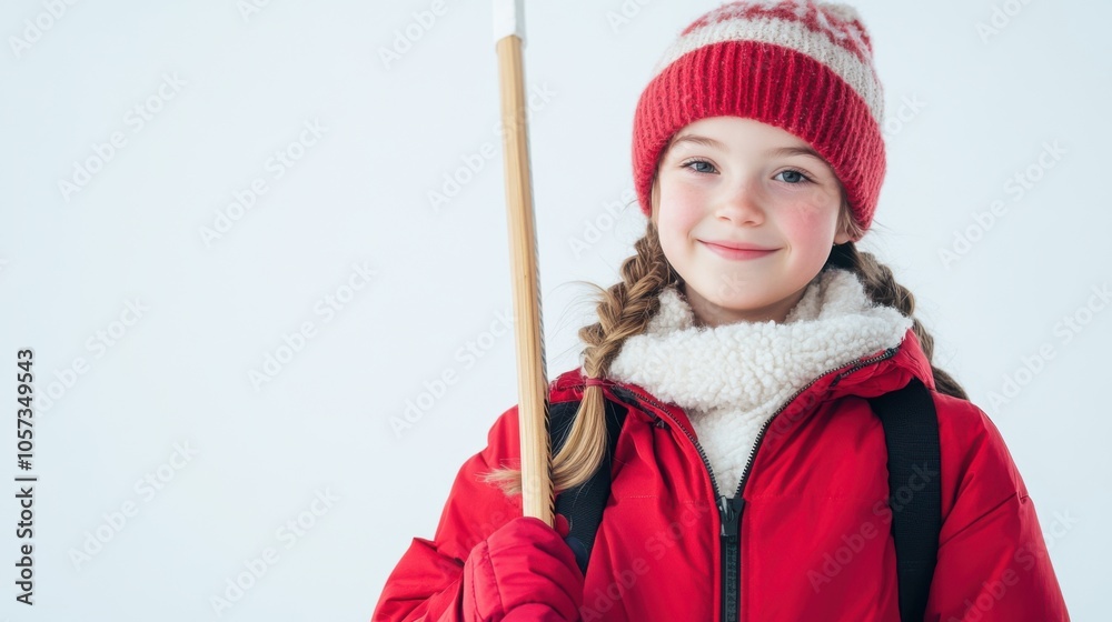 A cheerful Canadian schoolgirl in her winter uniform, holding a hockey stick, with a white A cheerful Canadian schoolgirl in her winter uniform, holding a hockey stick, with a white