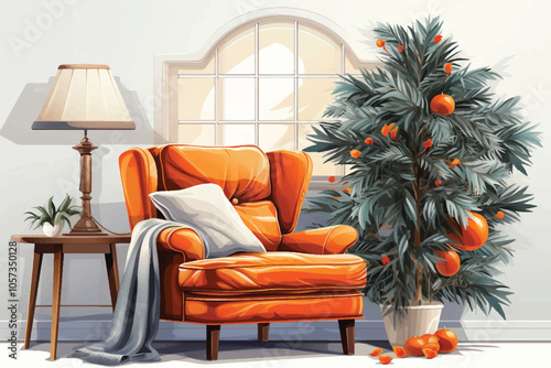 Christmas tree with decorations in the living room. Sketch. 3d