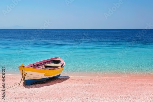 a small boat anchored on a pink beach with deep blue sea, representing a peaceful and healing vacation with generative ai