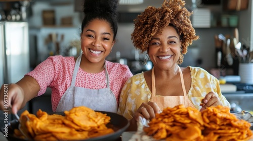 A mother and daughter smile while frying food in their kitchen, radiating happiness and creating cherished moments filled with laughter and culinary love. photo