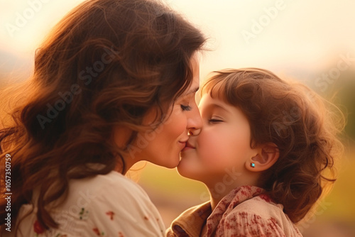 Affectionate mother kisses her daughter with maternal love, showing her affection and care.