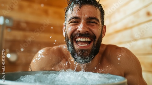 A bearded man with a big smile enjoys a refreshing sauna bath, surrounded by wooden interiors, showcasing the joy and energy of a rejuvenating experience.