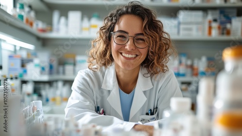 A young female pharmacist with curly hair smiles broadly while sitting in a laboratory, surrounded by a variety of medicine bottles and scientific instruments. photo