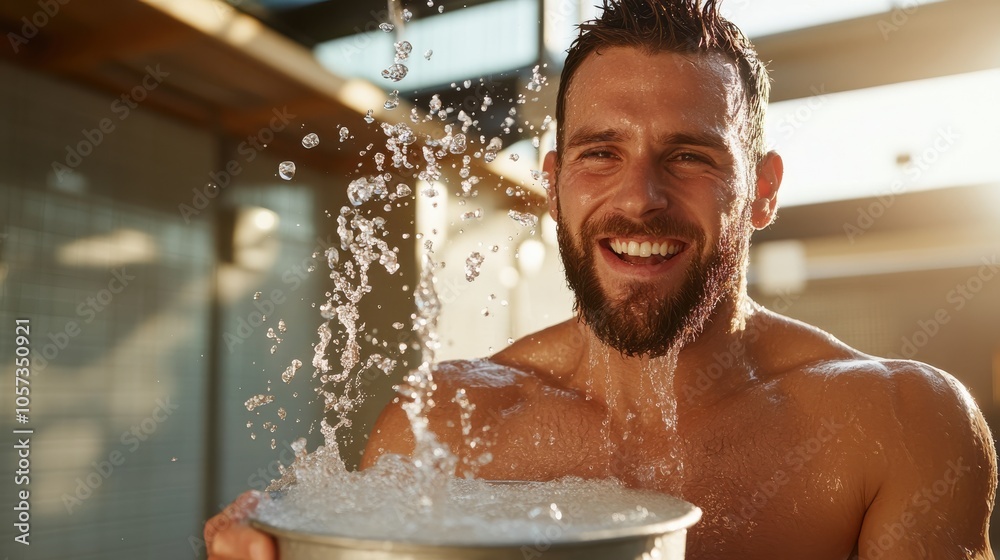 A cheerful man enjoys pouring a bucket of water over himself, capturing a joyful moment amidst the playful cascade of droplets in an open environment. A cheerful man enjoys pouring a bucket of water over himself, capturing a joyful moment amidst the playful cascade of droplets in an open environment.