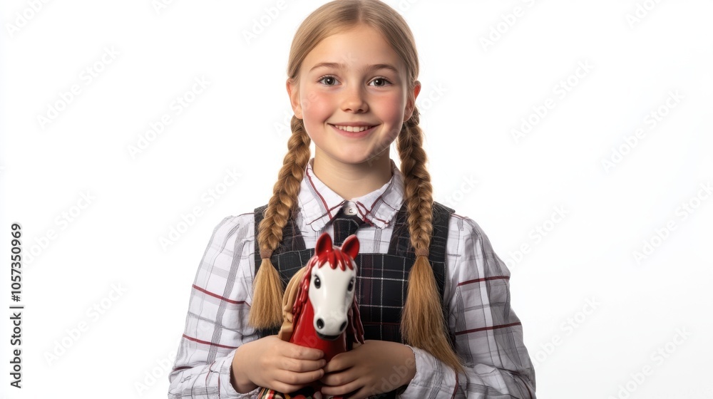 A cheerful Swedish schoolgirl in her uniform, holding a Dala horse, smiling against a white A cheerful Swedish schoolgirl in her uniform, holding a Dala horse, smiling against a white