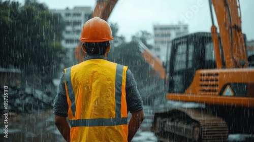 The back of an engineer wearing a yellow vest and orange helmet stands in front of an excavator on a construction site, with heavy rain falling from the sky. It is a rainy day with a blurred backgroun