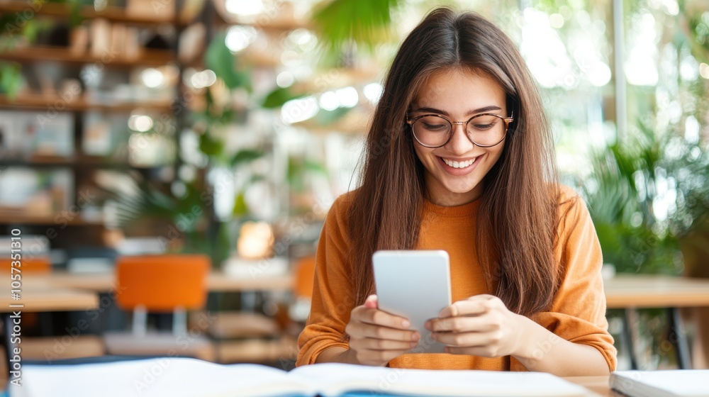 A young woman with glasses enjoys a quiet moment seated in a cozy library environment, engaging with her phone amongst the warmth of books and natural light. A young woman with glasses enjoys a quiet moment seated in a cozy library environment, engaging with her phone amongst the warmth of books and natural light.