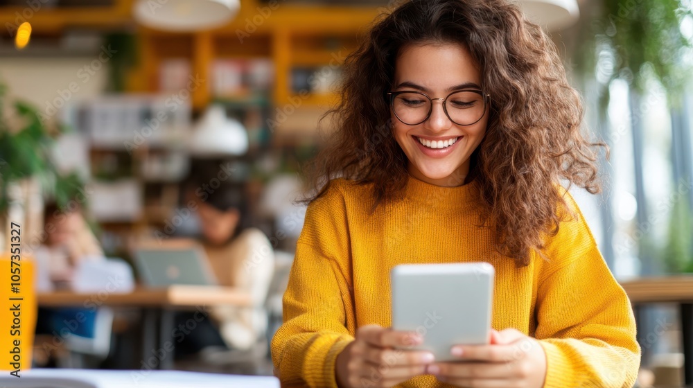 A cheerful young woman with glasses is sitting in a warm and cozy café reading on her tablet, highlighting the relaxed and joyful atmosphere of modern life. A cheerful young woman with glasses is sitting in a warm and cozy café reading on her tablet, highlighting the relaxed and joyful atmosphere of modern life.