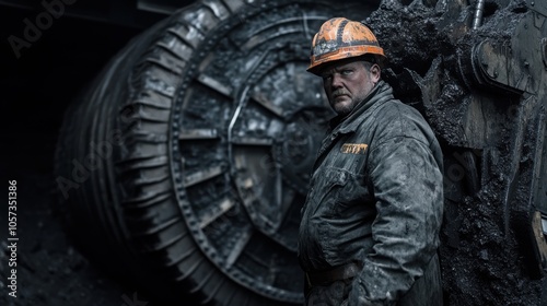 A coal miner standing next to a large piece of mining equipment underground, ready to photo