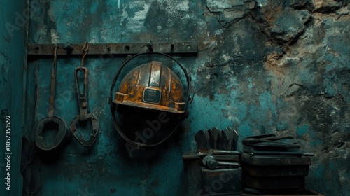 A coal miner's helmet hanging on a hook next to a stack of tools, ready for the next shift photo