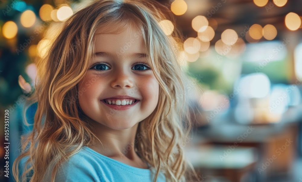 A young girl in a blue dress smiles against a bokeh-filled background, her bright eyes highlighted by the warm indoor lighting. A young girl in a blue dress smiles against a bokeh-filled background, her bright eyes highlighted by the warm indoor lighting.