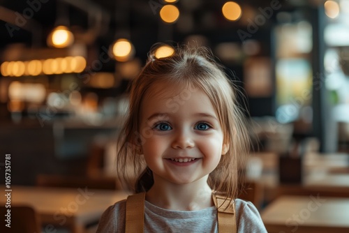 A young girl in a blue dress smiles against a bokeh-filled background, her bright eyes highlighted by the warm indoor lighting.