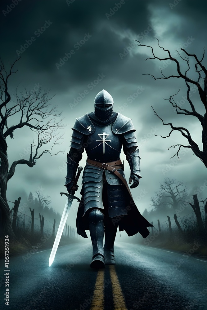 Fototapeta premium knight in dark with weathered armor