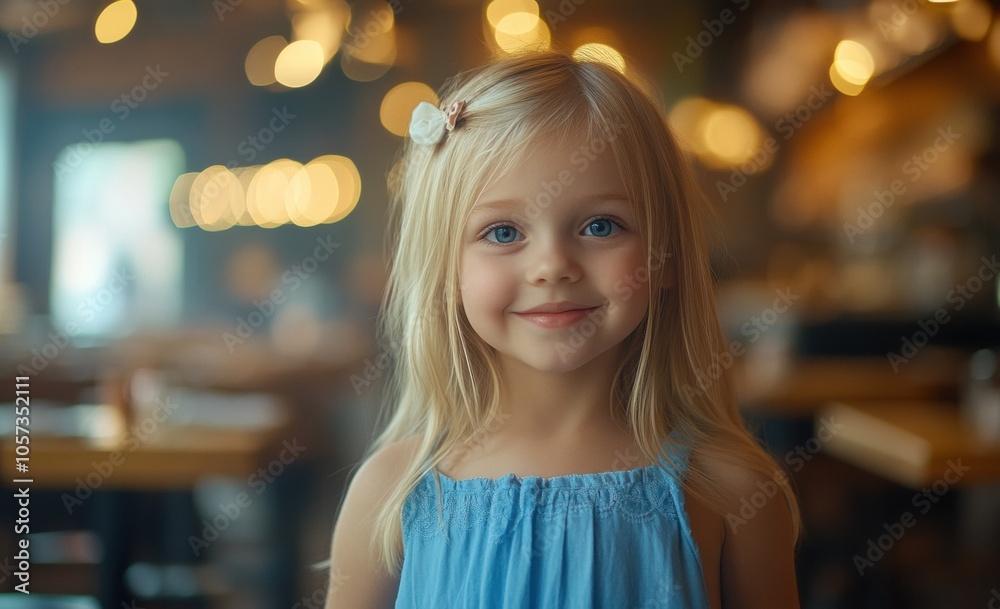 A young girl in a blue dress smiles against a bokeh-filled background, her bright eyes highlighted by the warm indoor lighting. A young girl in a blue dress smiles against a bokeh-filled background, her bright eyes highlighted by the warm indoor lighting.