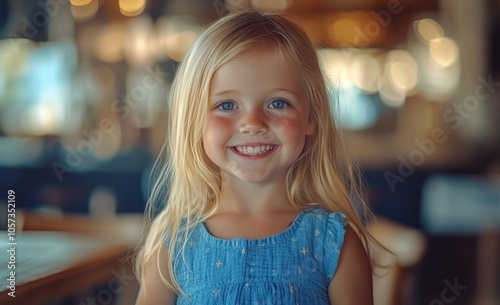 A young girl in a blue dress smiles against a bokeh-filled background, her bright eyes highlighted by the warm indoor lighting.