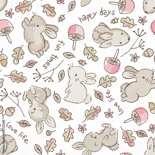 Seamless pattern with cute rabbits, flower and leaves typography. Hand Drawn vector illustration.