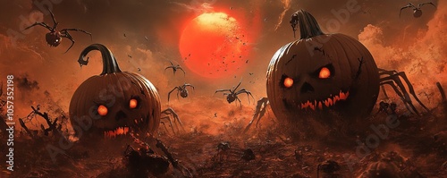 Giant pumpkins with human faces in an apocalyptic field, AI generated illustration photo