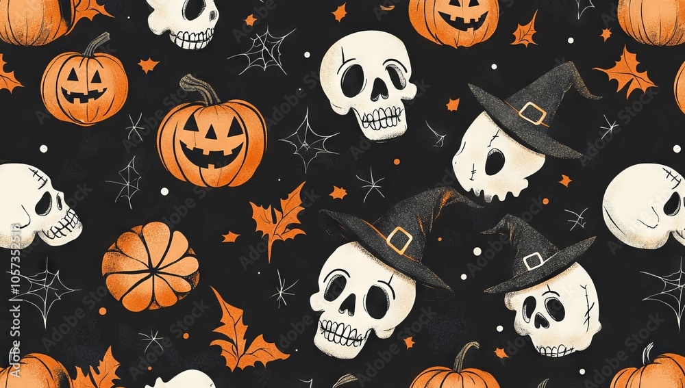 Halloween vector pattern with skulls, pumpkins, and witches hats on a black background, AI generated illustration Halloween vector pattern with skulls, pumpkins, and witches hats on a black background, AI generated illustration