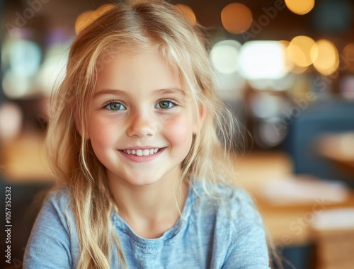 A young girl in a blue dress smiles against a bokeh-filled background, her bright eyes highlighted by the warm indoor lighting.