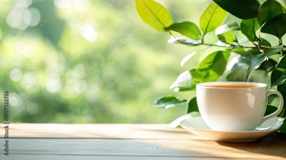 A peaceful scene with a white coffee cup on a wooden table, surrounded by green foliage and bathed in soft morning light, evoking tranquility and calm. A peaceful scene with a white coffee cup on a wooden table, surrounded by green foliage and bathed in soft morning light, evoking tranquility and calm.