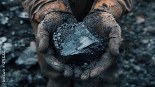 A detailed shot of a coal miner hands, worn and dirty, holding a chunk of freshly mined coal,