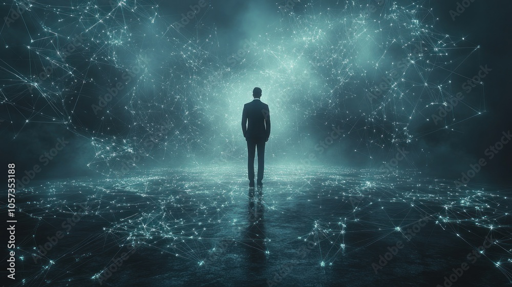 A silhouetted figure stands amidst a digital network of glowing connections and data. A silhouetted figure stands amidst a digital network of glowing connections and data.