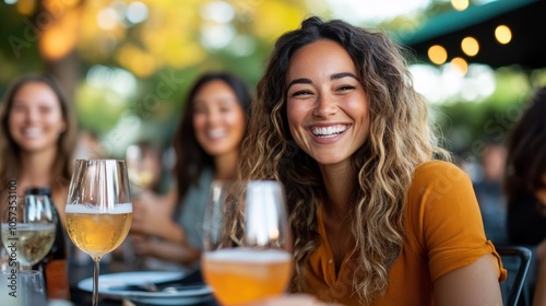 A cheerful group of women enjoys a lively dinner scene, filled with laughter and various drinks, creating an atmosphere of joy and friendship at this outdoor setting.