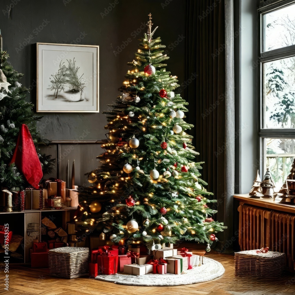 Capture the magic of the holiday season with this enchanting image of a Christmas tree. The tree is elaborately decorated with festive ornaments and lights, and beneath it are neatly wrapped presents. Capture the magic of the holiday season with this enchanting image of a Christmas tree. The tree is elaborately decorated with festive ornaments and lights, and beneath it are neatly wrapped presents.