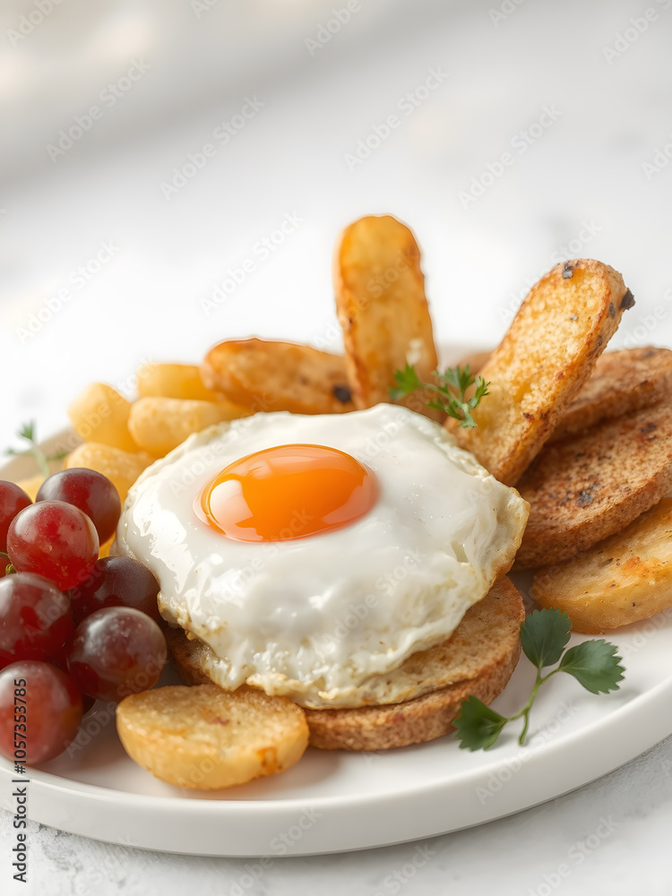 Breakfast with fried eggs and bacon and grapes. close up. Fried sunny side eggs with bacon on plate Breakfast with fried eggs and bacon and grapes. close up. Fried sunny side eggs with bacon on plate