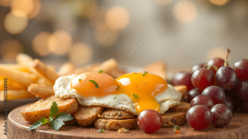 Breakfast with fried eggs and bacon and grapes. close up. Fried sunny side eggs with bacon on plate Breakfast with fried eggs and bacon and grapes. close up. Fried sunny side eggs with bacon on plate