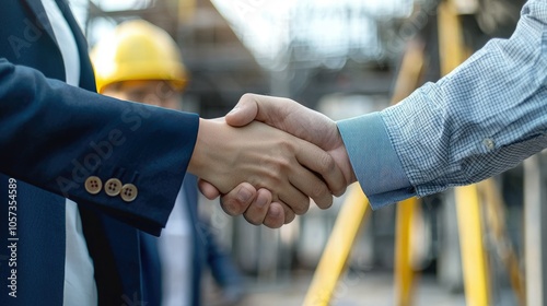 A businessman or businesswoman shaking hands with a colleague in front of a completed project. 