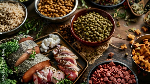 A vibrant display of assorted gourmet pet food, including dry kibble, raw ingredients, and nutritious add-ons, arranged aesthetically on a rustic wooden table. photo