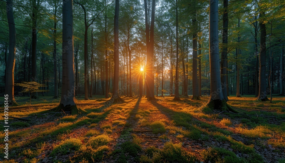 Fototapeta premium Sunbeams Shining Through Trees in a Forest