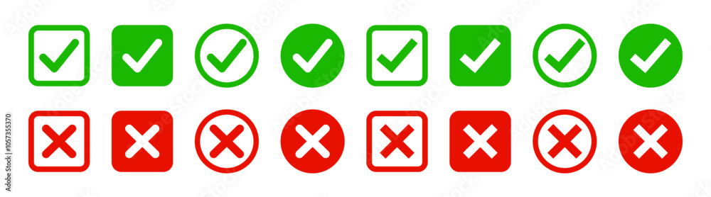 Green tick and red cross checkmarks. Right or wrong icons. Checkmark and x mark icon for apps and websites. Green tick and red cross checkmarks. Right or wrong icons. Checkmark and x mark icon for apps and websites.