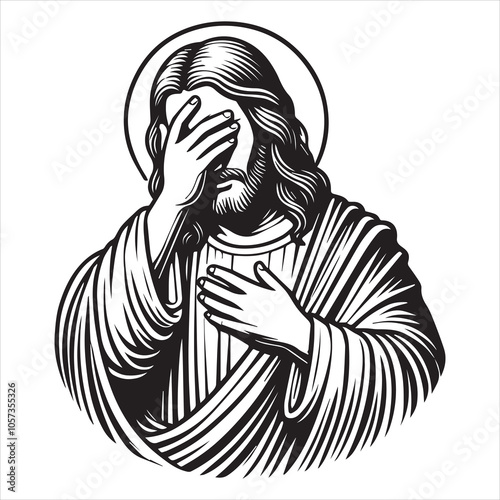 Jesus Christ Thinking sad Clipart Design - Funny Jesus Christ Vector Illustration in Black and White