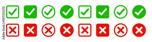 Green tick and red cross checkmarks. Right or wrong icons. Checkmark and x mark icon for apps and websites.