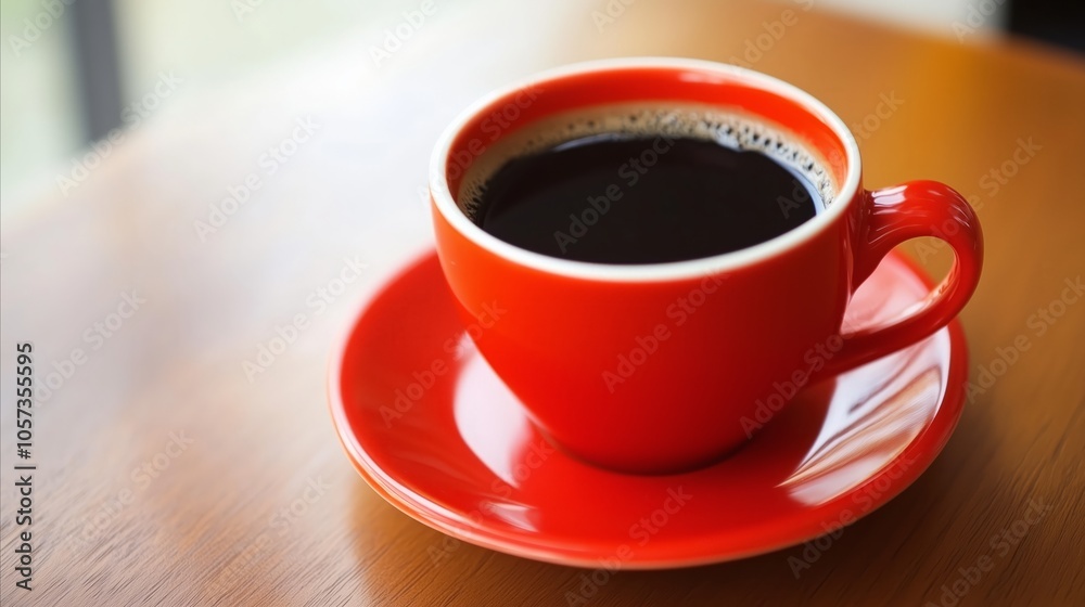 Red coffee cup with a white saucer sits on a wooden table Red coffee cup with a white saucer sits on a wooden table