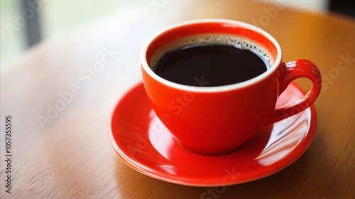 Red coffee cup with a white saucer sits on a wooden table