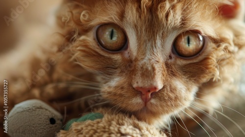 An expressive ginger cat with striking eyes and curly fur intently stares at the camera. It cuddles a plush toy, surrounded by a warm and cozy environment. photo