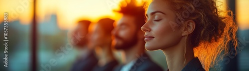 Business team practicing mindfulness together close up, focus on, copy space Soft tones and calm visuals, Double exposure silhouette with group meditation