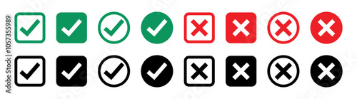 Green tick and red cross checkmarks. Right or wrong icons. Checkmark and x mark icon for apps and websites.