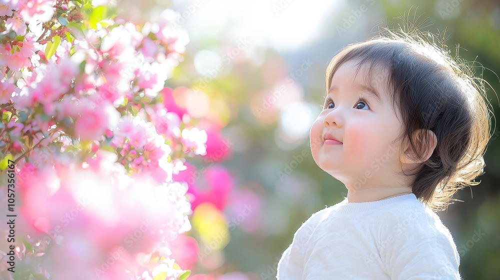 Joyful innocence a cherubic child gazes in wonder at the blooming flowers capturing the beauty of nature and childhood's magic Joyful innocence a cherubic child gazes in wonder at the blooming flowers capturing the beauty of nature and childhood's magic