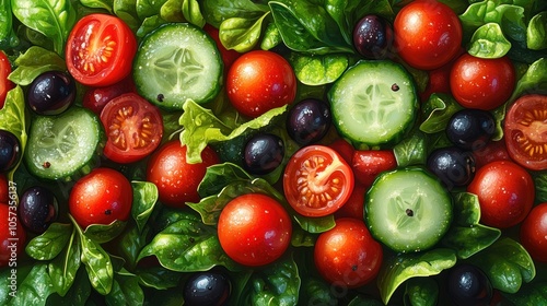 A vibrant assortment of fresh vegetables, including tomatoes, cucumbers, and spinach leaves.