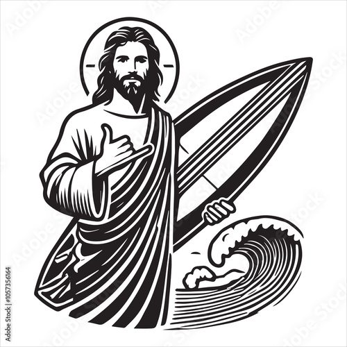 Jesus Christ Holding surfing board Clipart Design - Funny Jesus Christ Vector Illustration in Black and White