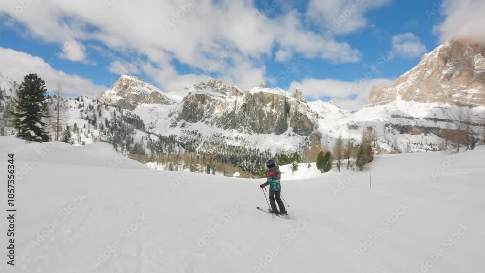 Amateur Female Skier Ski in Cortina D'ampezzo Ski Resort, Dolomites Amateur Female Skier Ski in Cortina D'ampezzo Ski Resort, Dolomites