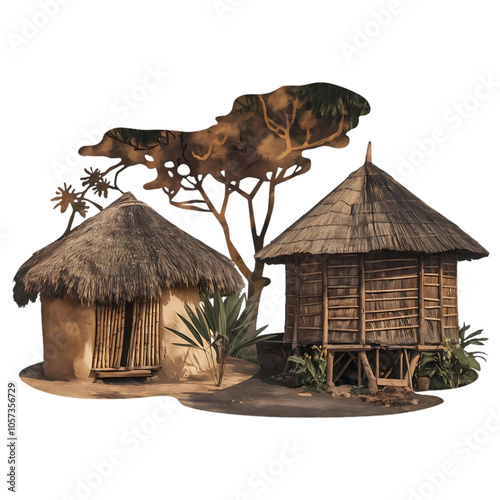 Two rustic huts brown and beige with a thatched roof evoke a sense of tranquility and simplicity in a rural African landscape  