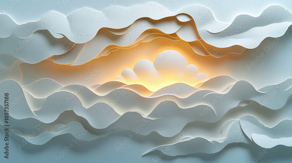 Intricate Paper Layers Revealing a Warm Sunrise Over a Serene Landscape at Dawn Intricate Paper Layers Revealing a Warm Sunrise Over a Serene Landscape at Dawn
