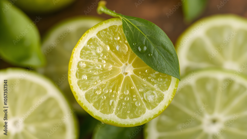 Fresh lemons and green leaves with water drops as background Fresh lemons and green leaves with water drops as background