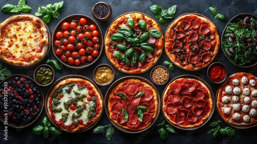 A vibrant display of various pizzas and fresh ingredients arranged on a dark background. A vibrant display of various pizzas and fresh ingredients arranged on a dark background.